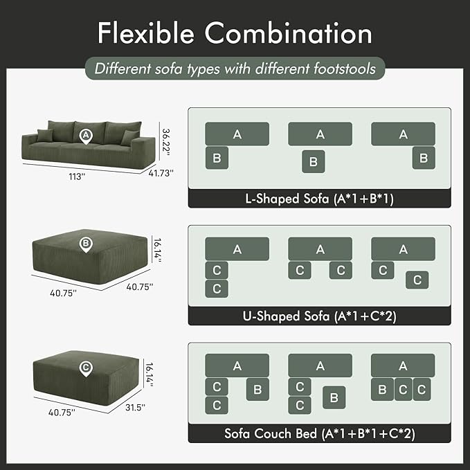 Boneless Cloud Couch Sofa for Living Room, 112" 3 Seater Green Modern Lounge Sleeper Couch, No Assemble, Cordury Compression Upholstered Couches