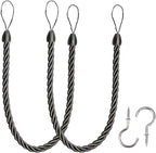 BEL AVENIR Curtain Ropes Tiebacks Tie-Backs, Curtain Handmade Holdbacks with 2 Metal Screw Hooks - Charcoal 2 Pack