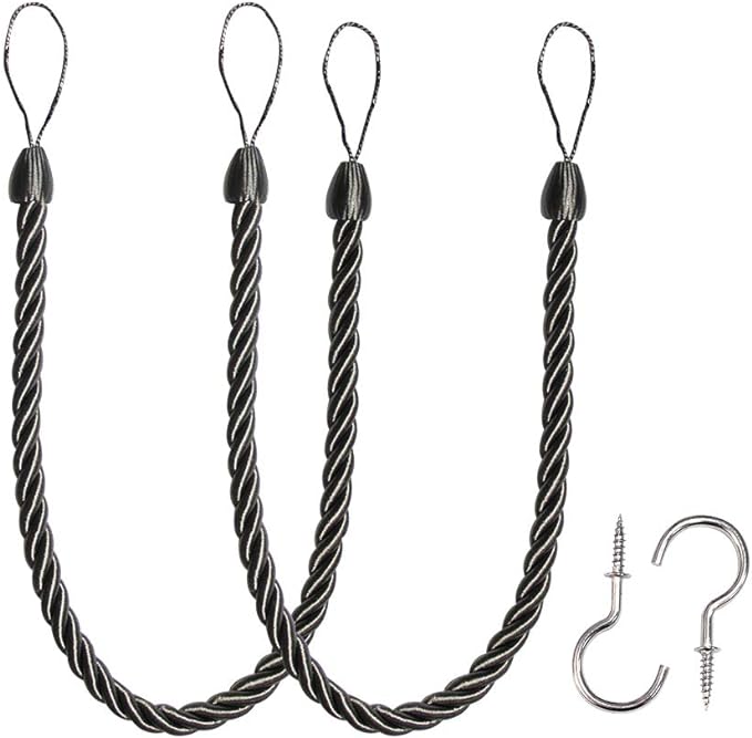 BEL AVENIR Curtain Ropes Tiebacks Tie-Backs, Curtain Handmade Holdbacks with 2 Metal Screw Hooks - Charcoal 2 Pack