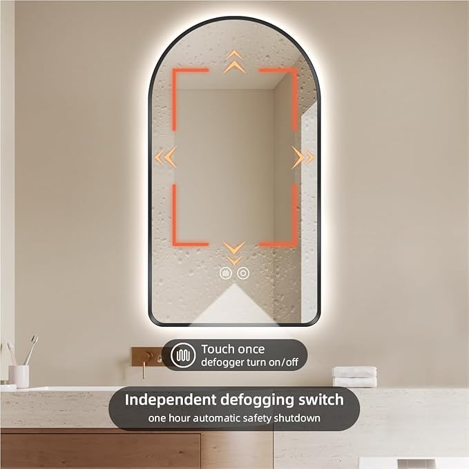 32" x 20" Arched LED Bathroom Mirror, Brushed Black Framed, Backlit Vanity Mirror with Lights, Wall Mounted Lighted Mirror, Dimmable 3-Color Shatter-Proof Arch Smart Mirror, UL-Listed, CRI≥93