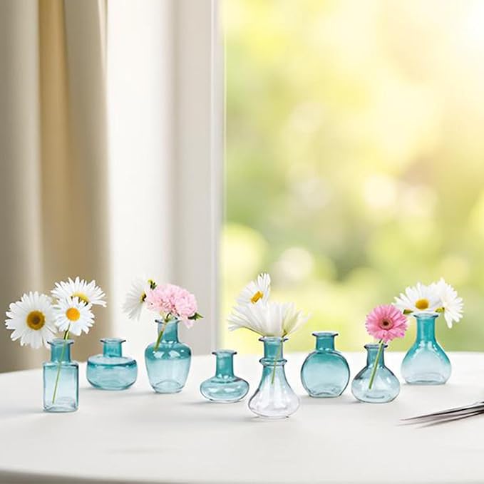 Bud Vases in Bulk Small Glass Green Vase Set of 8 Different Shape Smooth Surface Vintage Mini Tiny Vases Modern Cute for Flowers Table Wedding Decor Centerpieces Home Party Dining Room