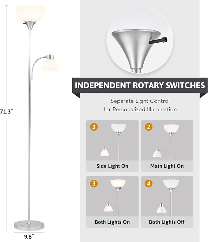VONLUCE Torchiere Floor Lamp, 71" Standing Lamp with Adjustable Reading Lights & 2 Bulbs, 3 Color Temperatures Modern Tall Pole Lamp for Living Room Bedroom Corner, Nickel