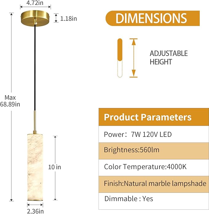LMQNINE Natural Alabaster Pendant Lights for Kitchen Island White Marble Long Tube Chandelier Modern Gold Ceiling Light Fixtures for Bedroom Dining Room Table Living Room Hallway(S-2Pack)