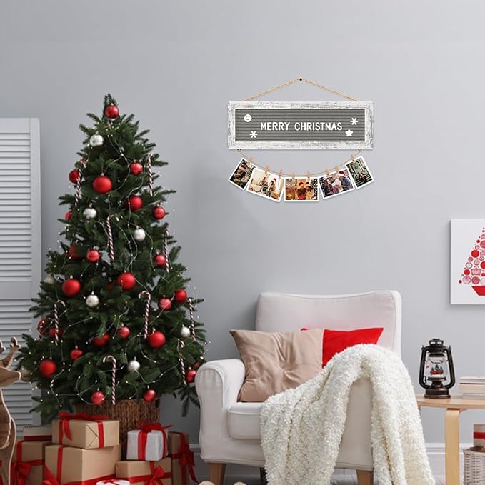 Picture Frames Hanging Display Wooden Board, Felt Letter Board with 340 Letters and 15 Clips, Photo Frames Collage Wall Decor for Family Birthday Mothers Day Party Gifts