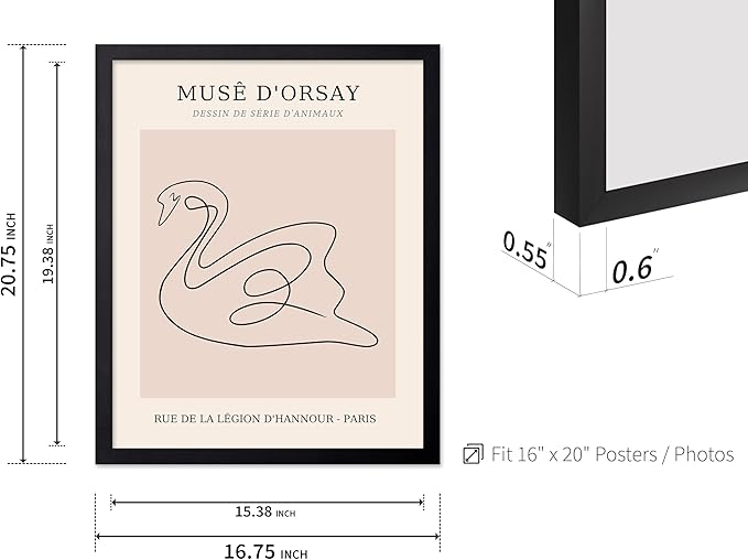 Poster Master Vintage Poster - Retro One Line Swan Drawing Print - Swan Art - Bird Art - Minimal Gift for Her, Animal Lover - Abstract Decor for Home, Office, Bedroom, 16x20 Black Framed