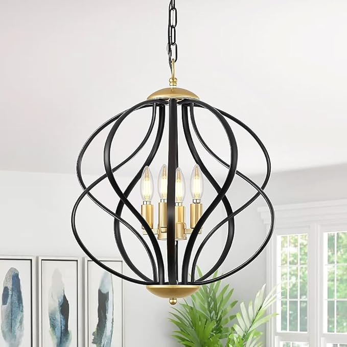 Modern Black and Gold Chandelier for Dining Room, 4 Lights Geometric Chandeliers, Sphere Chandelier Industrial Large Pendant Light Fixtures Hanging for Kitchen, Entryway, Foyer, Stairs