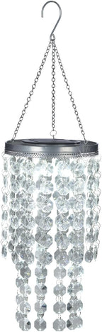 Hanging Solar Lantern Outdoor, 2 Tiers 21” Solar Transparent Acrylic Beaded Chandelier with Cool White LED S Hooks for Garden Yard Patio Gazebo Outside Decor