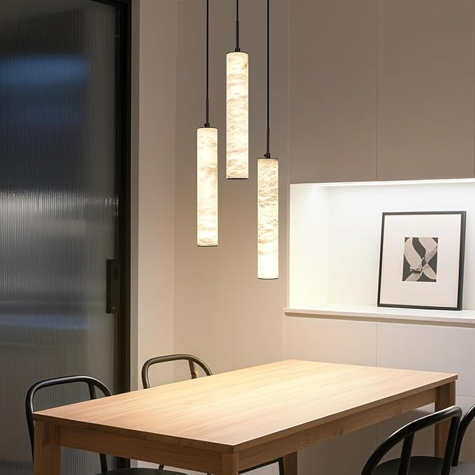 LMQNINE Natural Alabaster Pendant Lights for Kitchen Island White Marble Long Tube Chandelier Modern Black Ceiling Light Fixtures for Bedroom Dining Room Table Living Room Hallway(M-3Light)