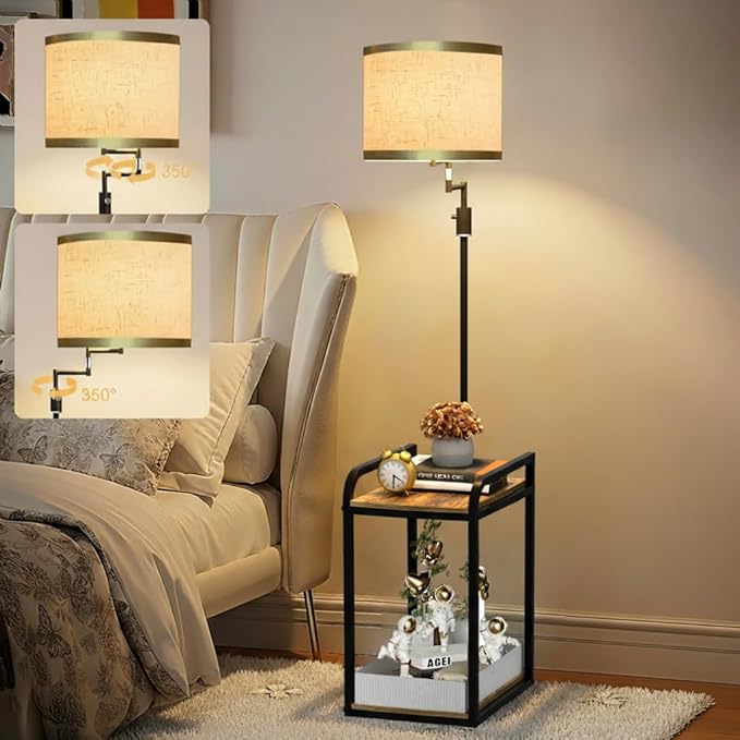 Lightdot 63IN Floor Lamps with Storage Table&Basket, Modern Standing Tall Lamps with Adjustable Fabric Lampshade and Movable&Fixed Casters, Coner End Table Lamp for Living Room/Bedroom/Office-Black