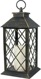 Bright Zeal 13.5" Outdoor Candle Lantern Decorative with LED Pillar Candle Battery Powered (Distressed Gold, 6hr Timer) - IP44 Waterproof Decorative Tabletop Lanterns Hanging Lanterns Indoor Outdoor