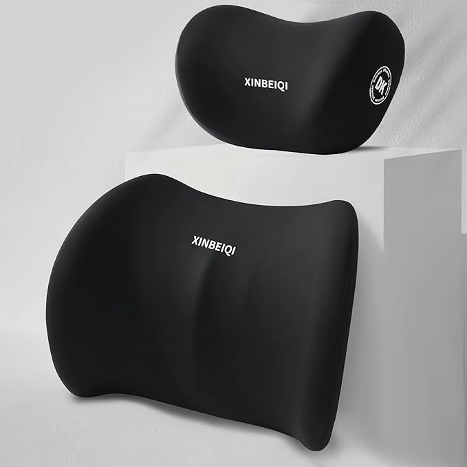 Car Seat Back Support and Car Neck Pillow Kit, Ergonomic Design headrest Lumbar Support for Neck Back Pain Relief Improve Sitting Posture (Black)