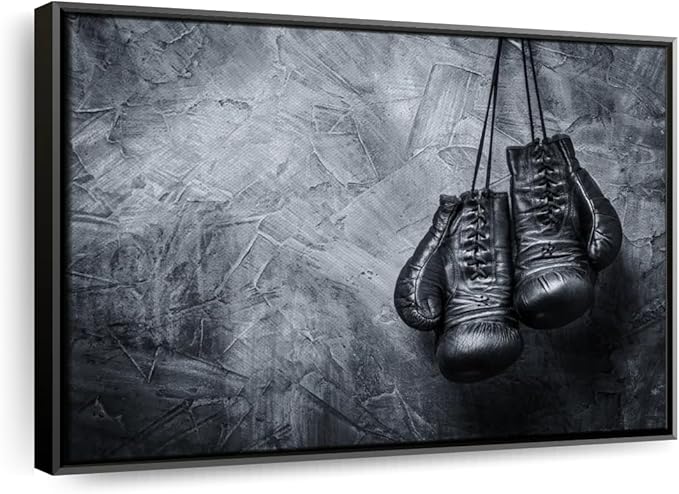 ElephantStock Boxing Gloves Wall Art - Horizontal Framed Canvas - 1-Piece Living Room Wall Decor - Photography Sports Canvas Print - Black and Gray Decor for Wall - 19" X 13"