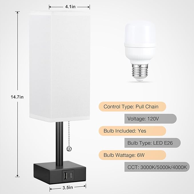 White Small Table Lamp for Bedroom - 3 Color Temperature 3000K 5000K 4000K Bedside Lamp, Pull Chain Control, USB A and C Charging Ports, Black Base, for Kids Office Dorm Nightstand, Bulb Included