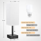 White Small Table Lamp for Bedroom - 3 Color Temperature 3000K 5000K 4000K Bedside Lamp, Pull Chain Control, USB A and C Charging Ports, Black Base, for Kids Office Dorm Nightstand, Bulb Included