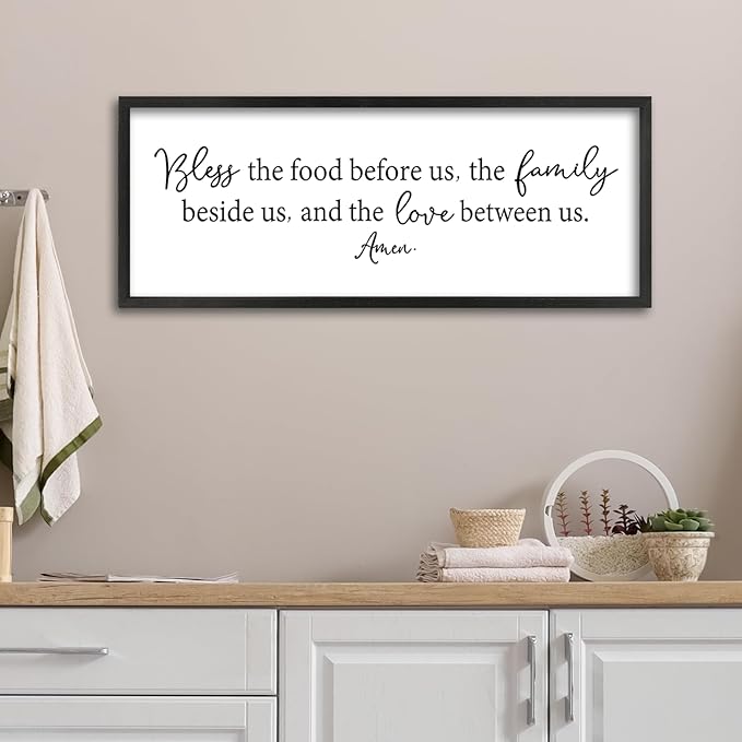 ZZJJHYWGQ Dining Room Bless The Food Before Us Wall Decor Kitchen Christian Sign 40"X15" Christian Grateful Farmhouse Large Catholic Wooden Frame Wall Hanging Art (Black)