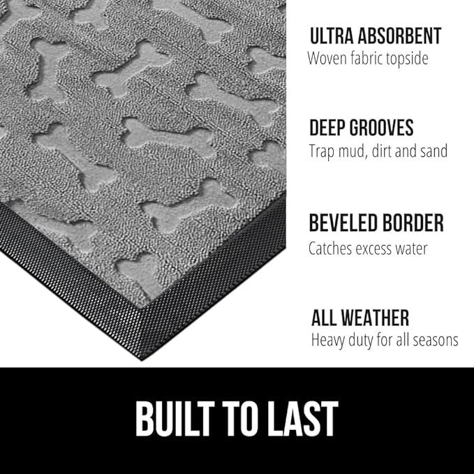 GORILLA GRIP 100% Waterproof All-Season WeatherMax Doormat, 47x35, US Designed Natural Rubber, Stain and Fade Resistant, Low Profile Indoor Outdoor Door Mats, Easy Clean Patio Mat, Light Gray Bones