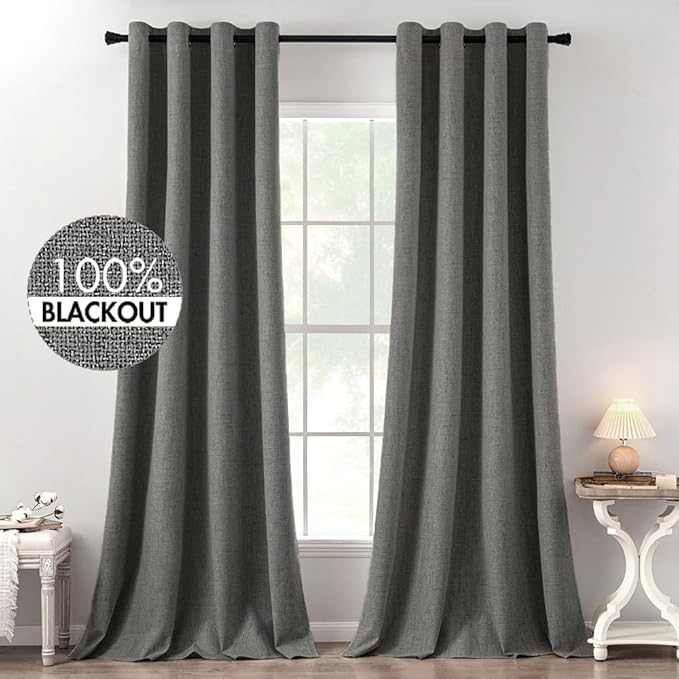 MIULEE Linen Texture Curtains for Bedroom Solid 100% Blackout Thermal Insulated Dark Grey Curtains Grommet Room Darkening Curtains/Draperies Luxury Decor for Living Room Nursery 52x120 Inch (2 Panels)