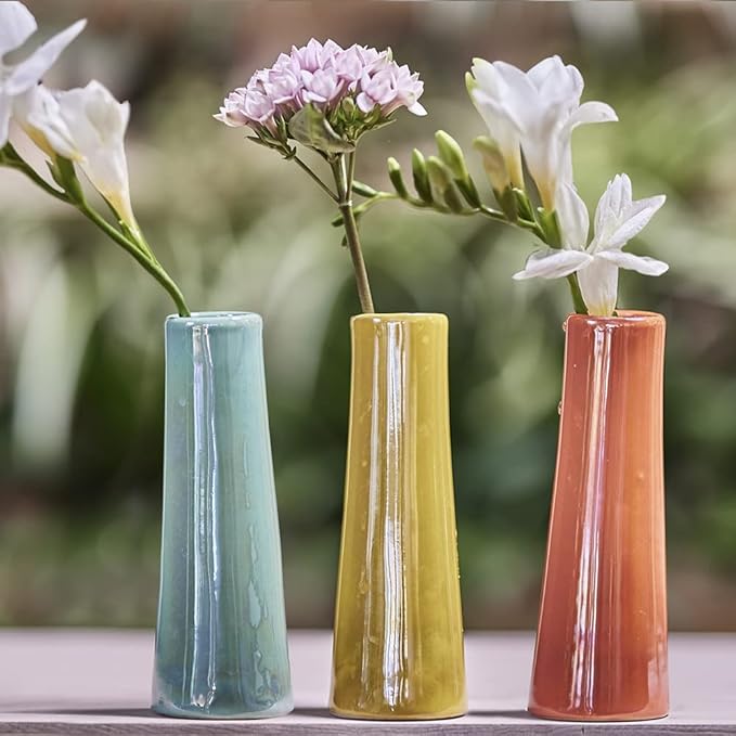 Chive - Set of 6 Galaxy, 1.5" in Wide 5.5" Tall Small Cylinder Ceramic Bud Flower Vase, Unique Single Flower Decorative Floral Vase for Home Decor, Bulk (Yellow, Green, Red, Blue, Orange)