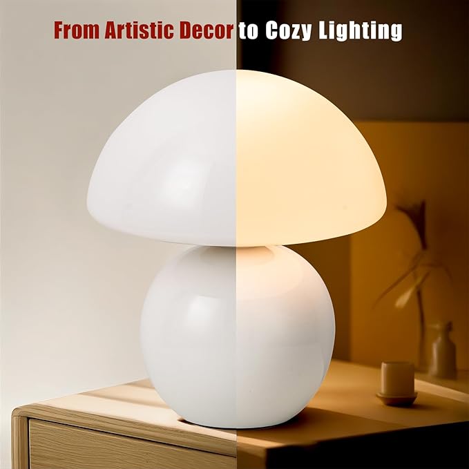 Mushroom Table Lamp, Ceramic Base with Milky White Glass Shade, Vintage Dimmable Bedside Nightstand Lamp for Bedroom, Reading, Home Décor, Gift for Friends White