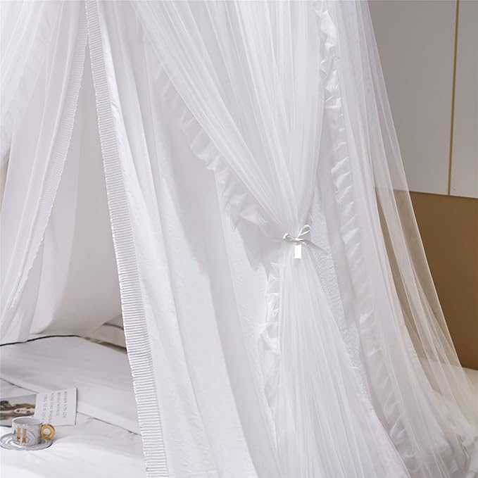 VETHIN Double Layer Princess Round Dome Canopy Bed Curtain for Girls Adults,Children Dreamy Mosquito Net,Cute Bedroom Decoration Castle Play Tent Reading Nook Canopies (Dome-White/White)