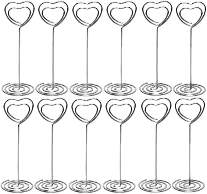 Table Number Card Holders Place Card Holder, 25 Pack Picture Holders for Tables, Heart Shape Photo Number Stands Menu Paper Card Clips for Wedding Party, Office, Restaurant (Silver)