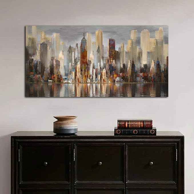 Wall Decorations Framed Large Cityscape New York Wall Decor Canvas Prints Abstract Brown City Theme Paintings Modern Canvas Wall Art for Living Room Bedroom Big Size 29x58