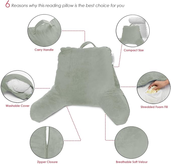 Nestl Reading Pillow Standard Bed Pillow, Back Pillow for Sitting in Bed Shredded Memory Foam Chair Pillow Reading & Bed Rest Pillows Sage Green Back Pillow for Bed, Bed Chair Arm Pillow with Pockets