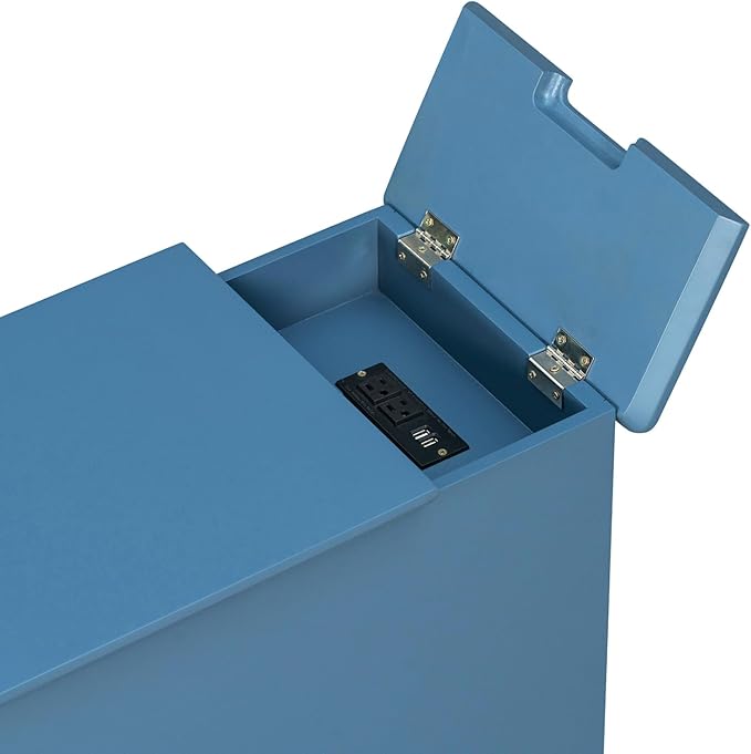 Traditional Wooden Narrow End Table with Charging Station, Modern Vintage Sofa Side Table Storage and Multifunctional Drawer, Antique Navy for Living Room, Bedroom, Office, No Assembly