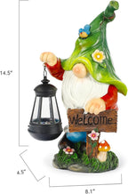 Garden Gnome Statue, Resin Figurine with Bright Solar Lantern Lights and Welcome Sign, Outdoor Solar-Powered Illumination Yard Art Decorations for Indoor Outdoor Patio Lawn Garden Room