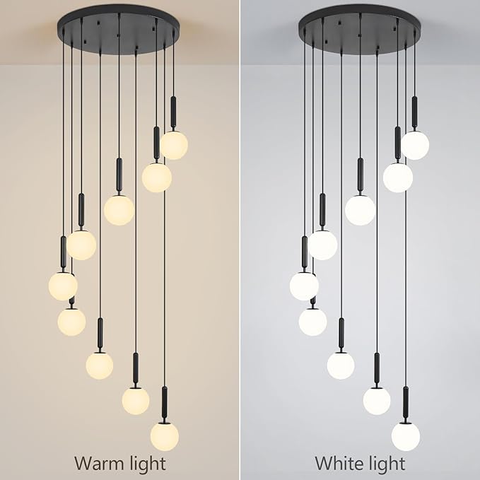 9-Lights Black Chandelier with Milk White Glass Mid Century Modern Globe Pendant Light for Foyer Living Room Entryway Hallway