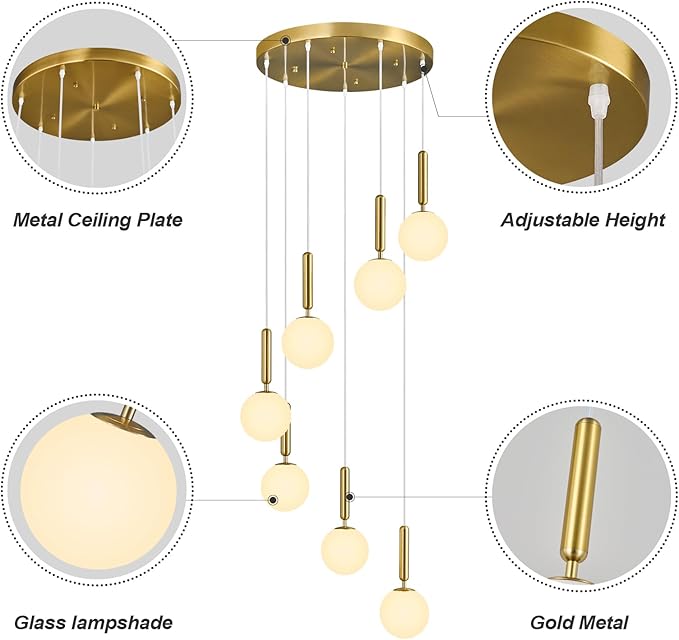 7-Lights Gold Chandelier with Milk White Glass Hanging Fixture Light for Kitchen Island Mid Century Modern Globe Pendant Light for Foyer Living Room Entryway Hallway