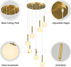 7-Lights Gold Chandelier with Milk White Glass Hanging Fixture Light for Kitchen Island Mid Century Modern Globe Pendant Light for Foyer Living Room Entryway Hallway
