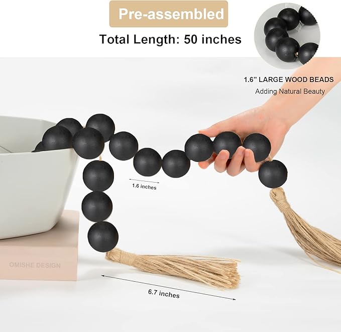 OMISHE 50" Long Extra Large Wood Bead Garland with 1.6" Diameter Wooden Beads and Tassels, Rustic Farmhouse Country Decorative Beads for Home Tiered Tray Decor, Black