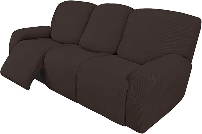 Easy-Going 8 Pieces Recliner Sofa Stretch Sofa Slipcover Sofa Cover Furniture Protector Couch Soft with Elastic Bottom Kids, Spandex Jacquard Fabric Small Checks Chocolate