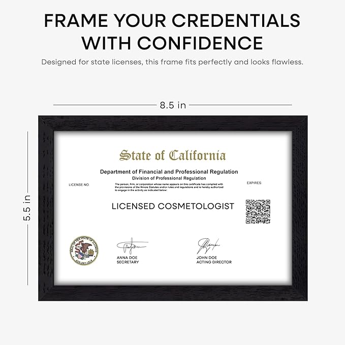 Homeforia 5.5x8.5 Business License Frame Black, High End Oak 5.5 by 8.5 Wood Certificate Frame, 8.5 x 5.5 Document Frame for Wall or Tabletop, Wooden Picture Frames, Tempered Glass, Wall Kit, Set of 1
