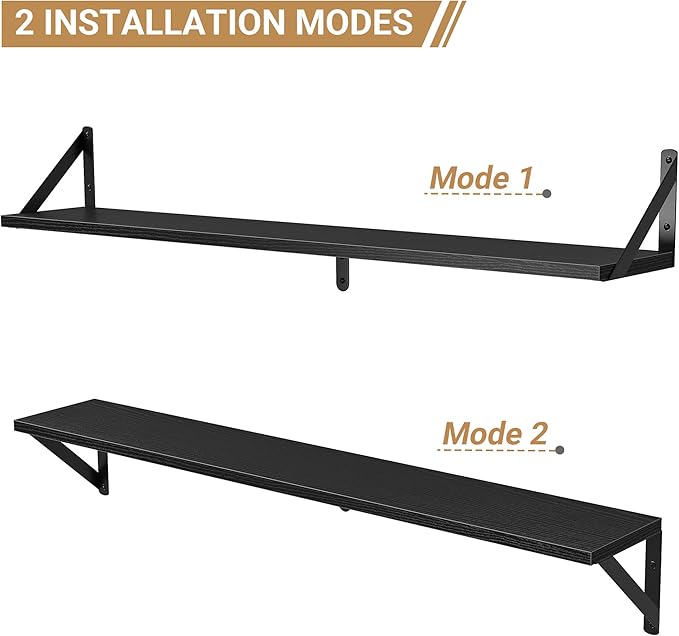 Heimlove Floating Shelves for Wall, 36 Inch Long Wood Floating Bookshelf Set of 3, Wall Mounted Hanging Shelf for Bathroom Bedroom Kitchen, Black