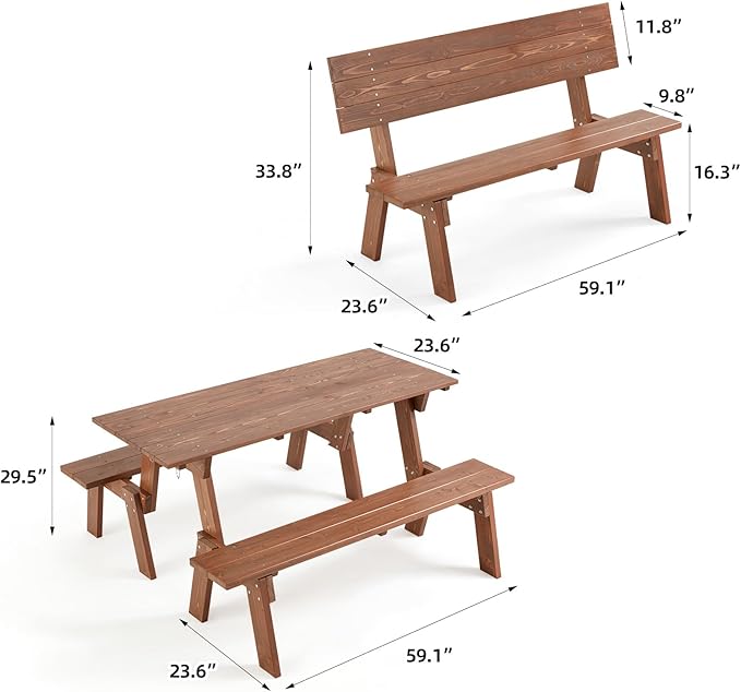 AVAWING Outdoor Convertible Wood Bench with Backrest, Patio Wood Convert a Bench, Space-Saving 2-in-1 Picnic Table Chairs Set for Backyard, Porch, Patio, Garden, Brown