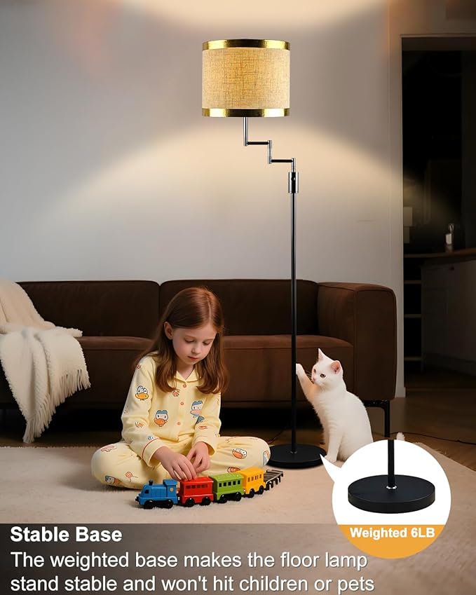 Lightdot 70IN Black Floor Lamp Dimmable Linen Shade LED Floor Lamps with 3000K for Wedding/Party,350 Degree Swing Arms, Modern Tall Lamp for for Reading, Sewing, and Craft (Bulbs Included)