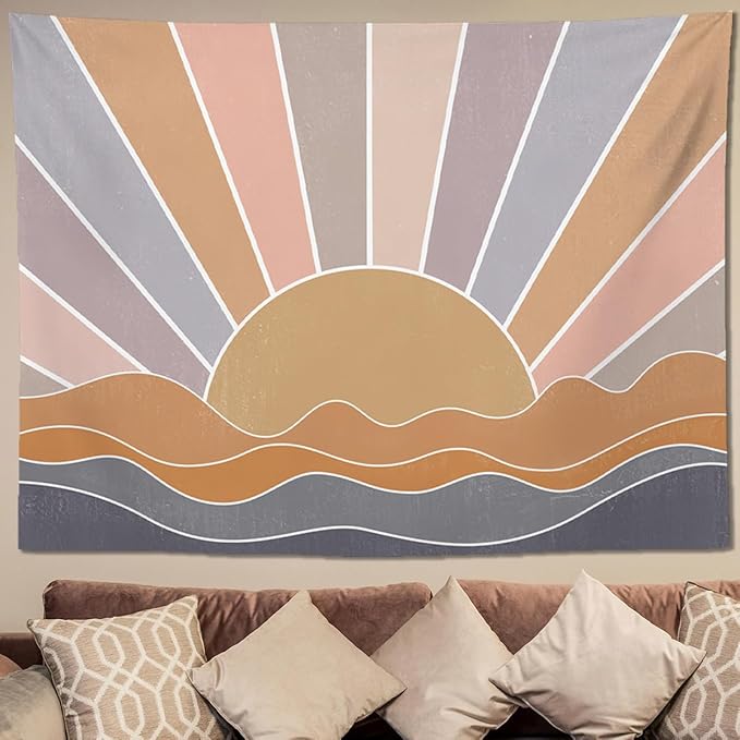 keowhsf Boho Sun Mountain Tapestry Wall Hanging - Retro 70s Vintage Rainbow Sunrise Sunset Design, Abstract Geometric Hippie Art Tapestry for Bedroom, Living Room & Dorm Decor