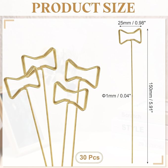 uxcell 30 Pcs Table Card Holders, 5.9 Bow Metal Craft Wire Clips Picture Clip Table Number Holders Picks for Wedding, Photos, Memo, Restaurant, Gold