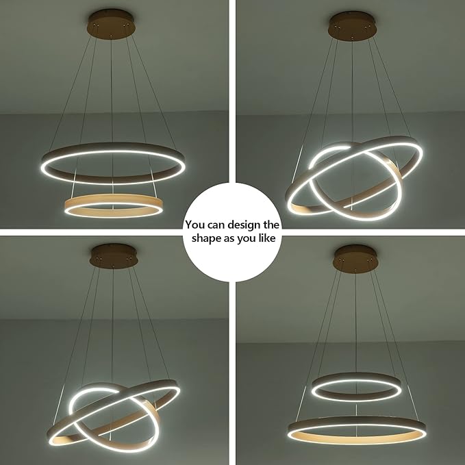 MADEM Modern LED Chandelier 2-Ring Circular Dimmable Pendant Light Contempoary Chanderlier Flush Mount Pendant Lighting for Living Room Dining Room, Bedroom,3000K-6000K, Gold, 60W