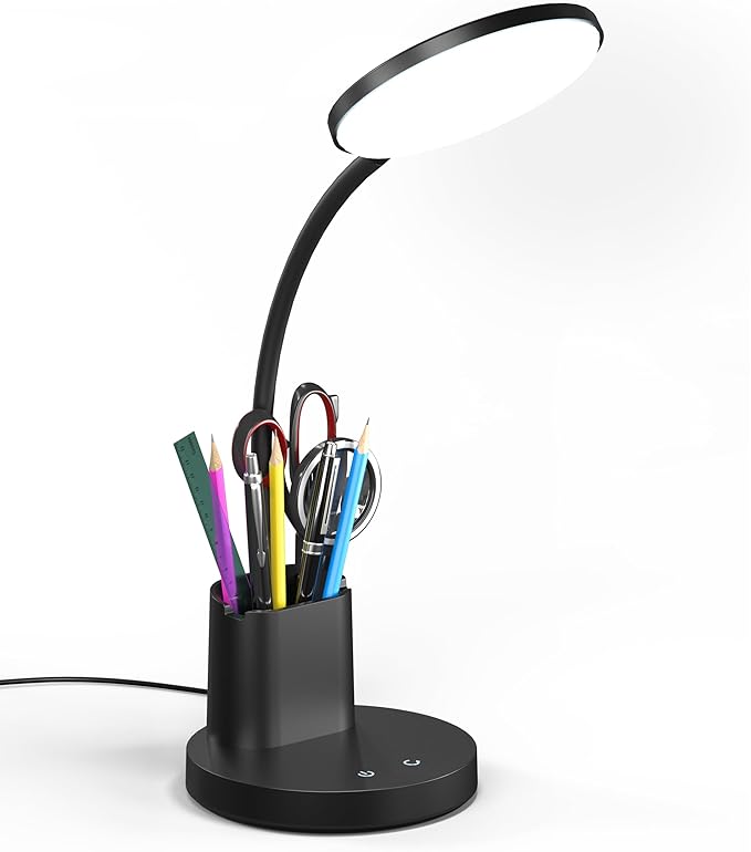 Desk Lamp, LED Desk Lamp for Home Office, Touch Table Lamp with 3 Color Modes 360° Adjustable Arm, Dimmable Desk Light with Pen Phone Holder, Black