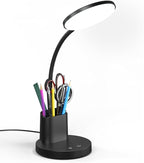 Desk Lamp, LED Desk Lamp for Home Office, Touch Table Lamp with 3 Color Modes 360° Adjustable Arm, Dimmable Desk Light with Pen Phone Holder, Black