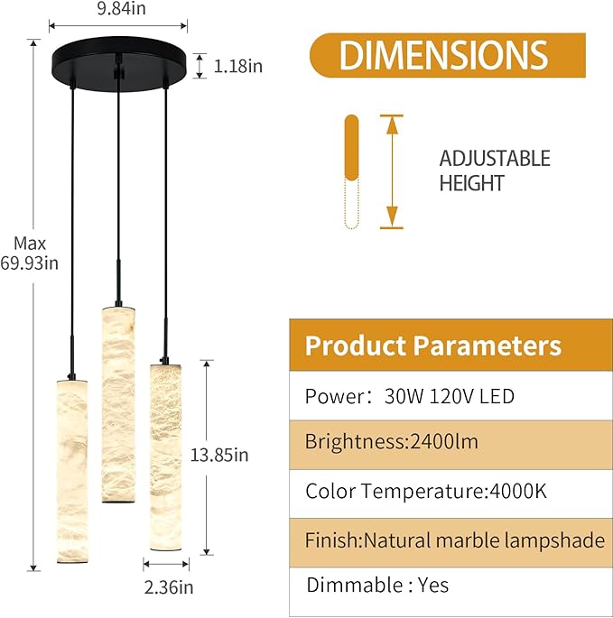 LMQNINE Natural Alabaster Pendant Lights for Kitchen Island White Marble Long Tube Chandelier Modern Black Ceiling Light Fixtures for Bedroom Dining Room Table Living Room Hallway(M-3Light)