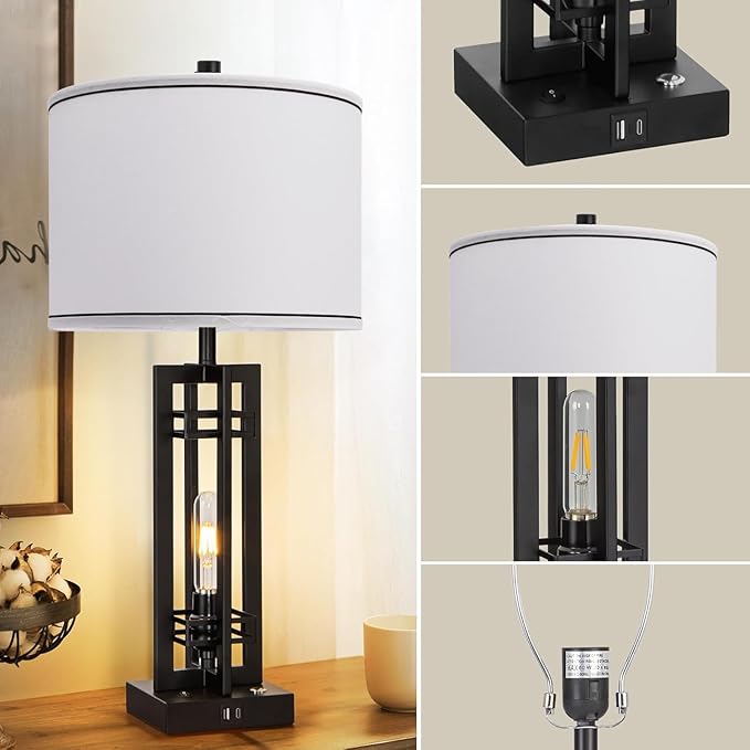 27" Touch Control Farmhouse Table Lamps, Set of 2 Tall Rustic Table Lamps 2-Light Design with USB A+C Ports, Bedside Lamps with White Shade for Living Room Home Office, 4 LED Bulbs Included