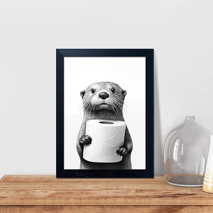 Bathroom Picture Wall Decor, Framed Black and White Bathroom Wall Art, Toilet Paper in Little Funny Raccoon's Hand Animal Canvas Print Painting