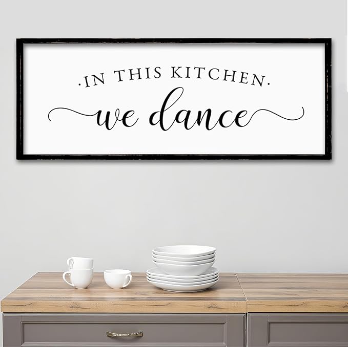 ZZJJHYWGQ In This Kitchen We Dance Sign Wall Decor 32"×12" Farmhouse Funny Kitchen dining room Signs Horizontal Wooden Framed hanging Art (Black)