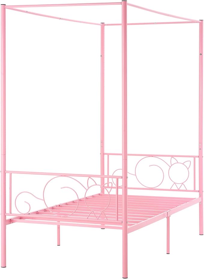 VEVOR Canopy Bed Frame Twin Size, Metal Canopy Bed with Minimalist Headboard & Four Posters Design, Heavy Duty Steel Slats Support, Underbed Storage Space, No Box Spring Needed, Easy Assembly, Pink
