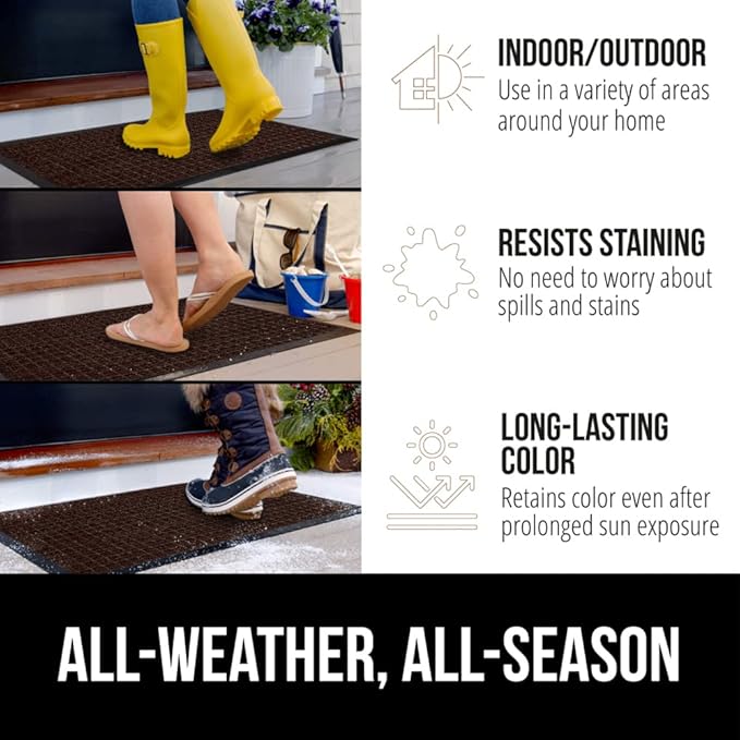 GORILLA GRIP 100% Waterproof All-Season WeatherMax Doormat US Designed Natural Rubber, Stain and Fade Resistant, Low Profile Indoor Outdoor Door Mats, Easy Clean Patio Mat, 17x29, Coffee Square