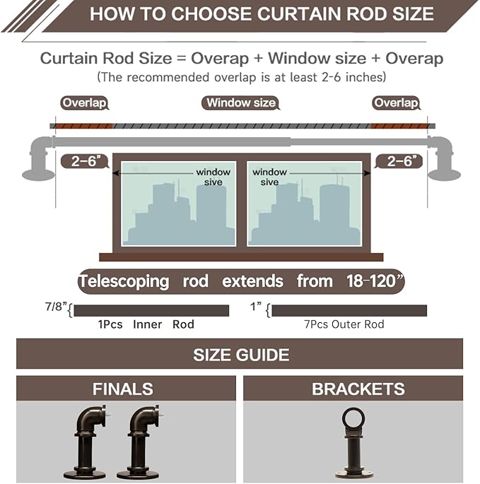 Brown Curtain Rods 18 to 45 Inch, Industrial Curtain Rods,Adjustable Length,1 in Diameter Pipe,Wall or Ceiling Mounted,for Bedroom and Living Room(Antique Bronze 18” to 45”)